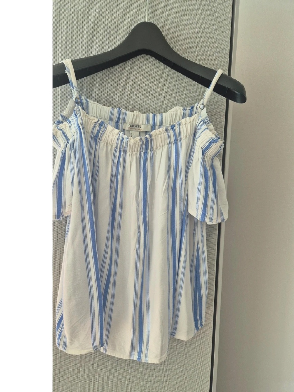 Forever 21 White and Blue Striped Cold-Shoulder Camisole